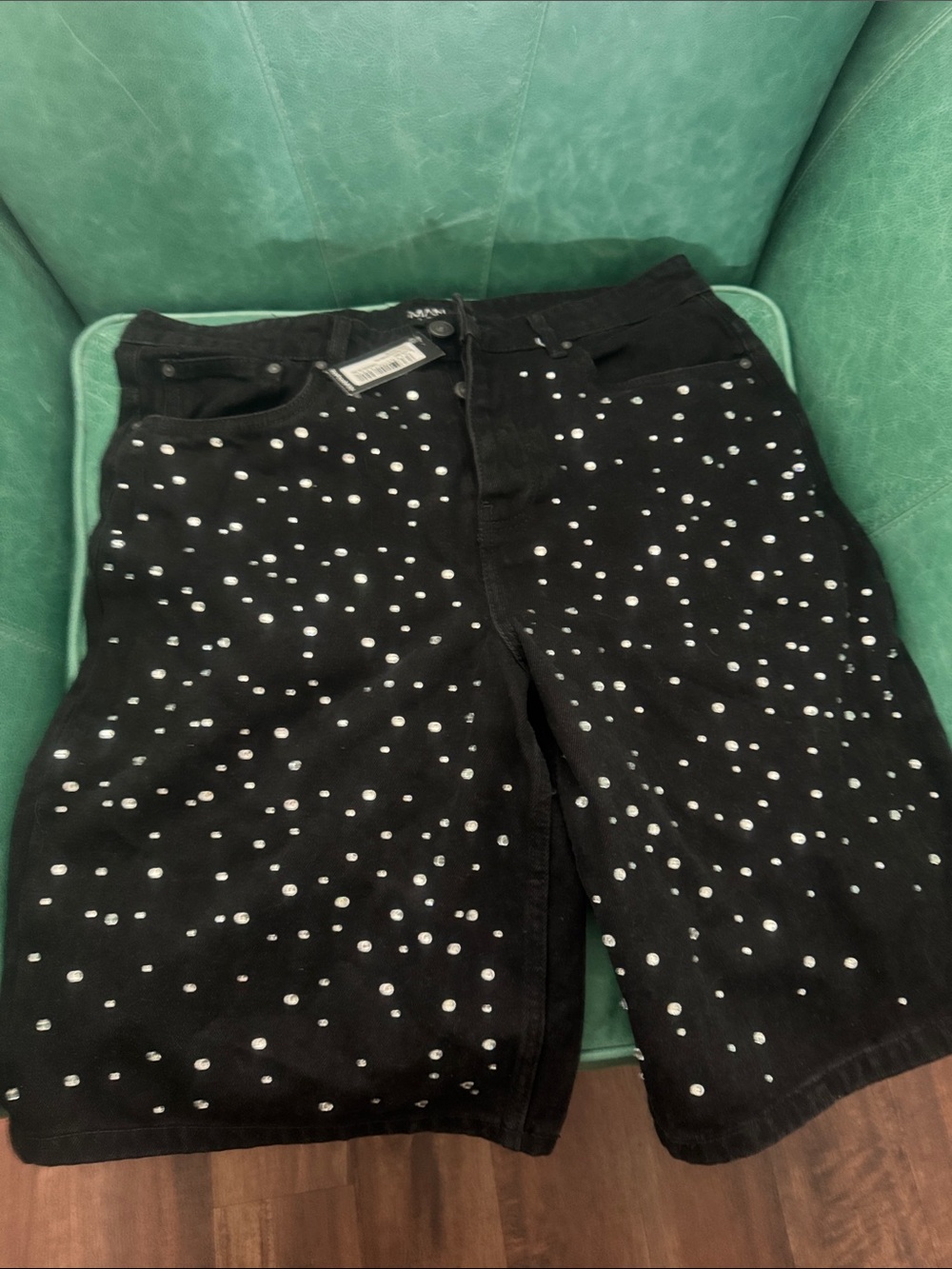 Black Studded Cargo Shorts with White Dot Accent